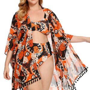 AS ROSE RICH BLACK & ORANGE TASSEL TRIMMED OPEN FRONT SWIM COVER UP SIZE XL NWT